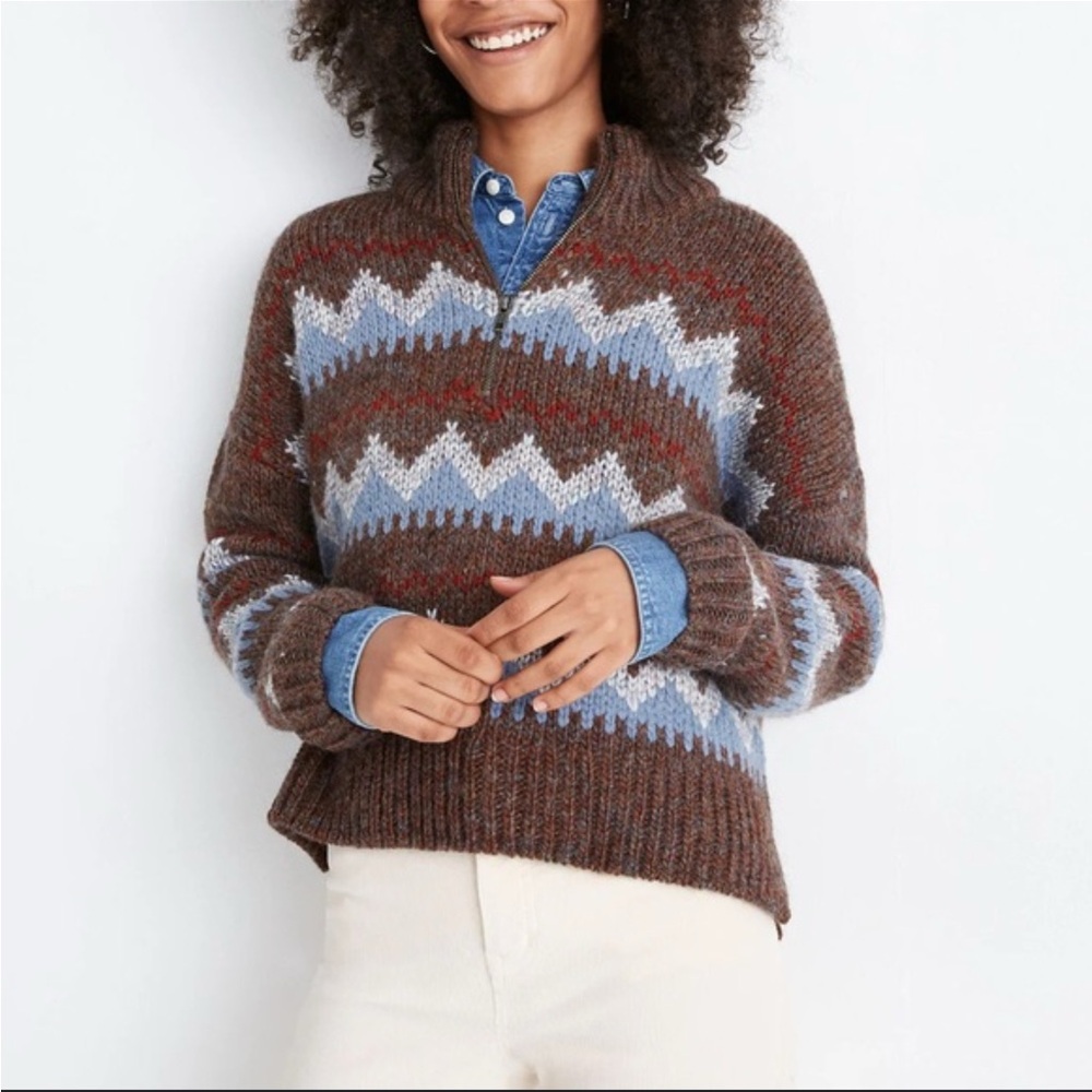 Madewell NWT Brown Wool Cropped Quarter Zip with Geometric pattern. Sz XS
